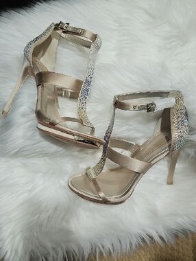 BCBGMaxAzria Champagne T-Strap Crystal Embellished Heels
